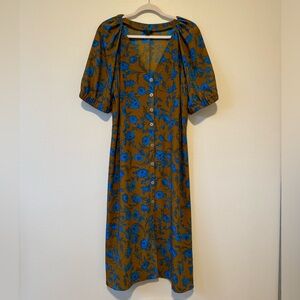 Ann Taylor | size 14, large, midi, button up dress, floral, blue and gold